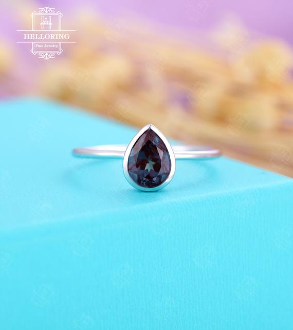 Pear Shaped Lab Alexandrite Engagement Ring Rose Gold Rings Art Deco Solitaire Engagement Ring Bezel Set Ring Anniversary Ring