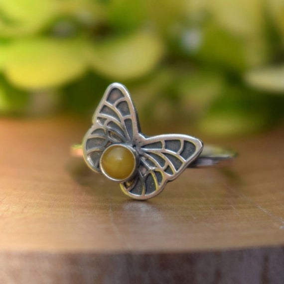 Butterfly Ring, Yellow Amber Jewelry, Hand Made Silver Jewelry