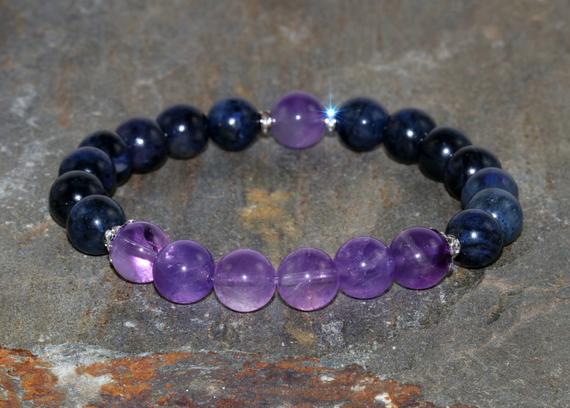 Amethyst & Dumortierite Bracelet, Yoga Mala Beads, Healing Chakra Crystals Gift, Mantra Meditation Bracelet, Spirituality-protection-healing