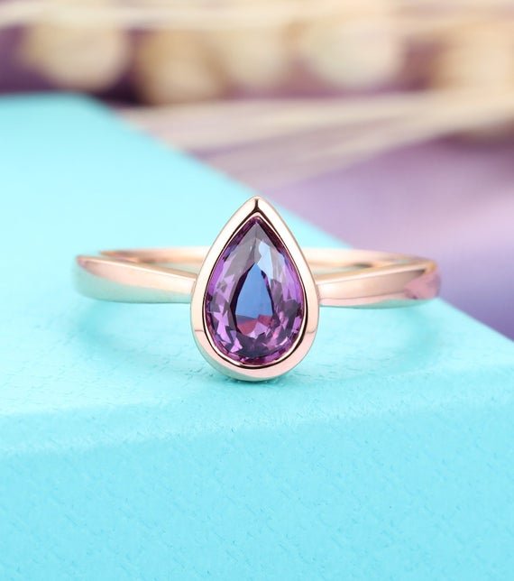 Amethyst Engagement Ring Rose Gold Solitaire Wedding Ring Unique Pear Cut Ring Anniversary Valentines Day Bezel Set Promise Ring