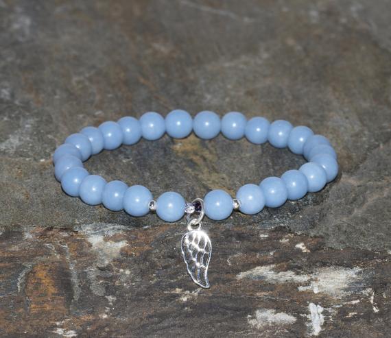 Angelite Bracelet, 6mm Blue Peruvian Angelite Beaded Bracelet, Natural Gemstone, Wrist Mala Beads Yoga Bracelets, Silver Angel Wing Bracelet