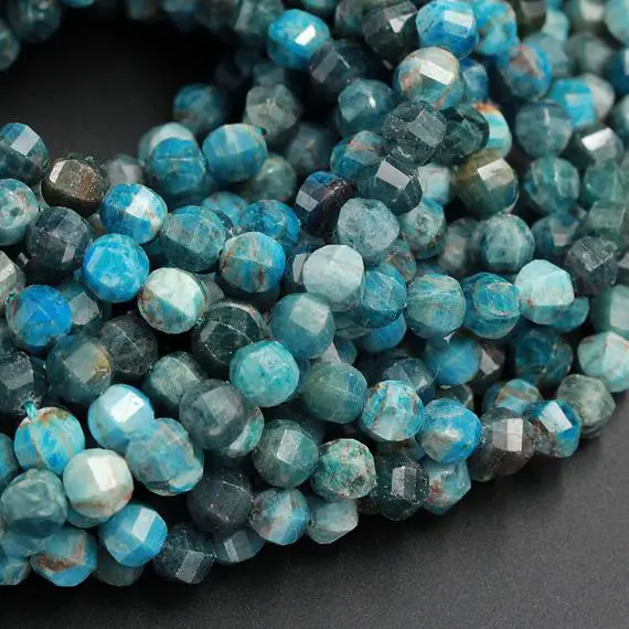 Geometric Lantern Faceted Natural Teal Blue Apatite 7mm 8mm Round Beads Sparkling Gemstone Good For Earring Pair Bead 15.5" Strand