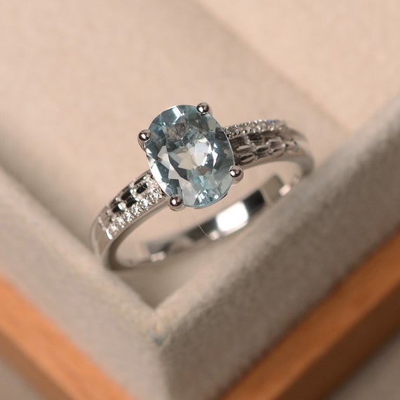 Aquamarine Ring, Oval Blue Aquamarine Ring, Natural Blue Gemstone, March Birthstone, Engagement Ring