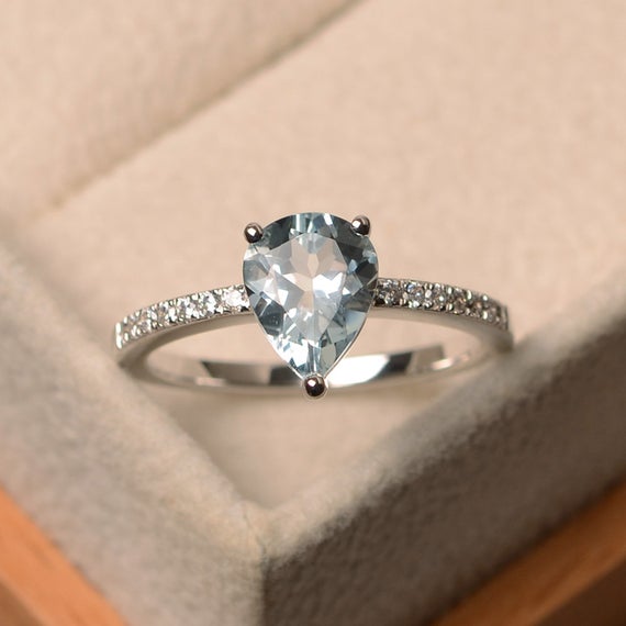 Aquamarine Ring, Pear Cut Blue Gemstone, March Birthstone, Sterling Silver Ring, Wedding Ring