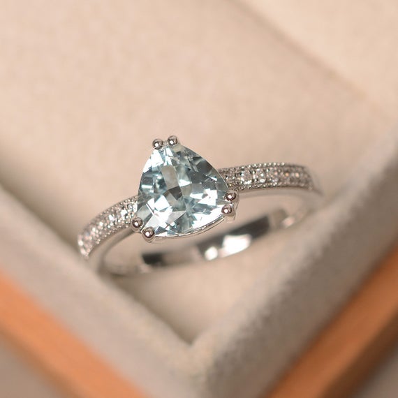 Aquamarine Ring, Triangle Cut Engagement Ring, March Birthstone, Natural Aquamarine