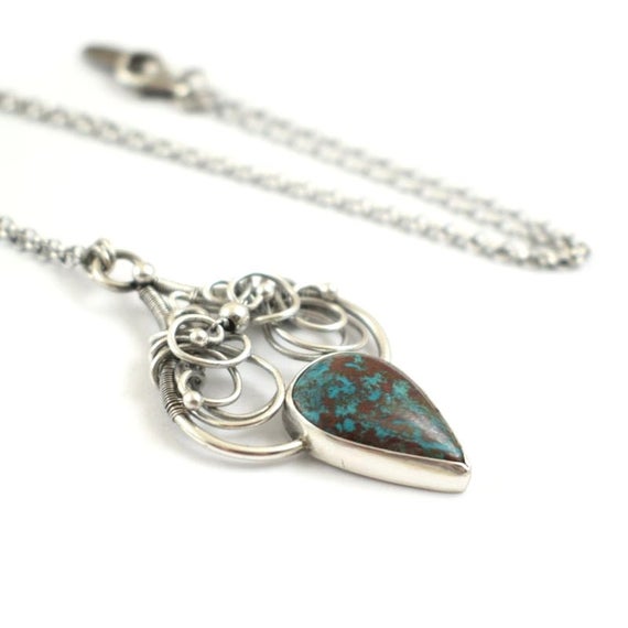 Azurite Silver Necklace, Gemstone Jewelry, Wire Wrapped Pendant, Elven Jewelry