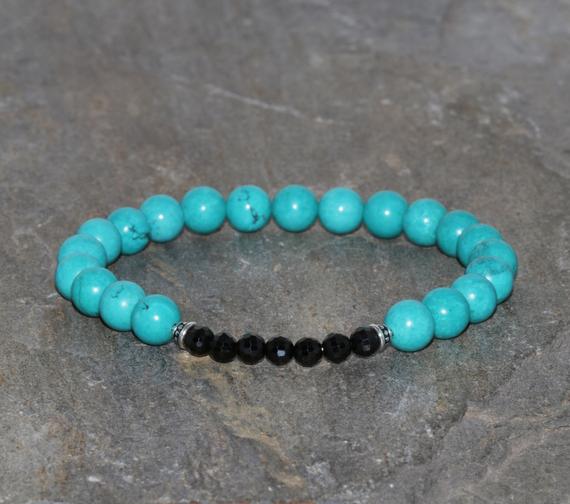 Howlite Turquoise & Black Tourmaline Bracelet 6mm Howlite Turquoise And 4mm Faceted Tourmaline Natural Round Gemstone Beaded Bracelet Unisex