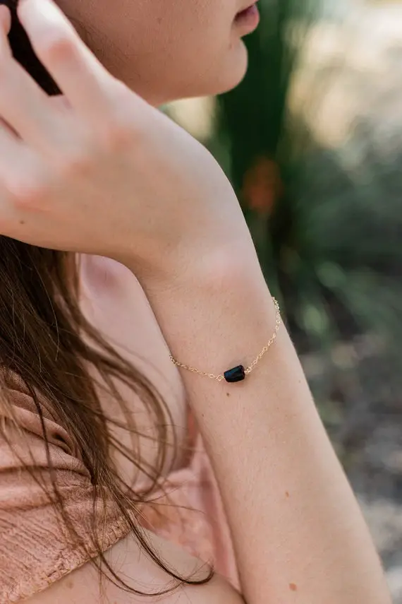 Raw Black Tourmaline Crystal Bracelet In Gold, Silver, Bronze, Or Rose Gold - 6" Chain With 2" Adjustable Extender - October Birthstone