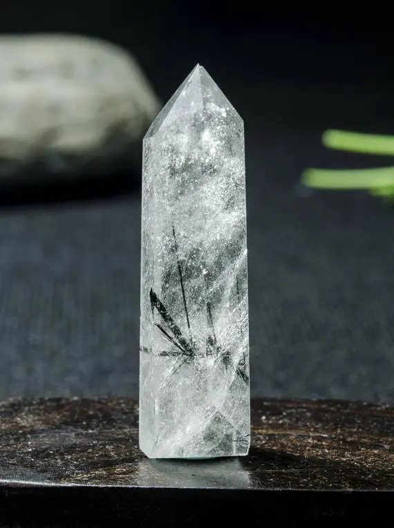 Rare Natural Clear Black Rutilated Quartz Tower/black Tourmaline Point/rutilated Crystal Collection/crystal Gift/gift For Her13*15*52mm#2414