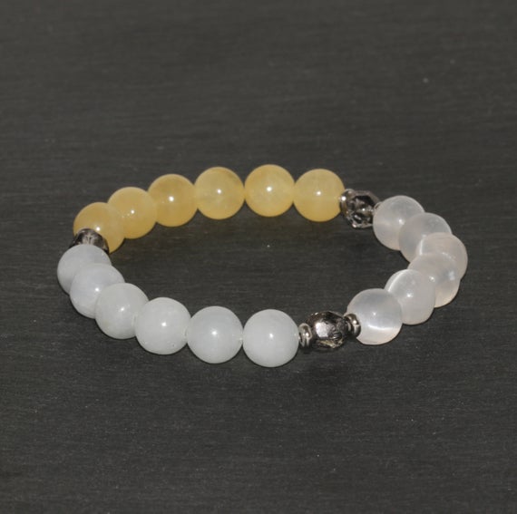 Spirituality, Creativity & Protective Bracelet, Yellow And Blue Calcite Beads, 8mm Beaded Bracelet, Wrist Mala Beads, White Selenite