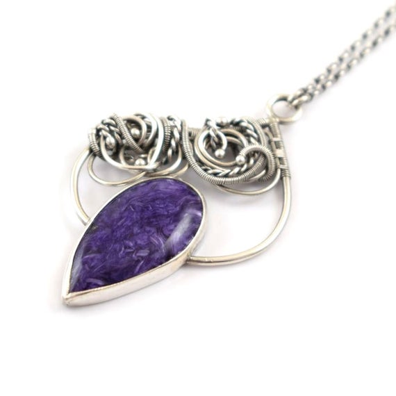 Purple Charoite Silver Necklace, Wire Wrapped Pendant, Elven Jewelry
