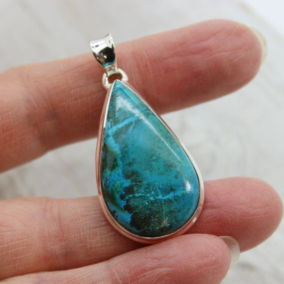 Chrysocolla Stone Pendant Teardrop Shape Amazing Turquoise Colors Natural Chrysocolla With Malachite Stone Set On Solid Sterling Silver 925