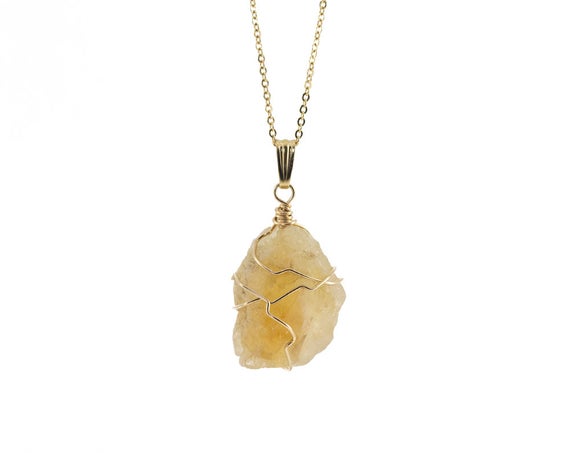 Citrine Pendant Necklace 14k Gold Filled - Yellow Citrine Gemstone - Wire Wrapped Rough Gemstone Jewelry - Birthstone Gift