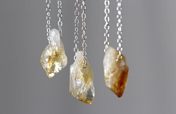Rough Citrine Necklace - November Birthstone - Beaded Raw Crystal Pendant - Raw Citrine Jewelry