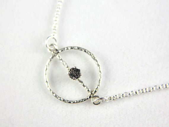 Textured Charm Necklace - Sterling Silver Rolo Chain - Black Rough Diamond - Raw Diamonds - April Birthstone