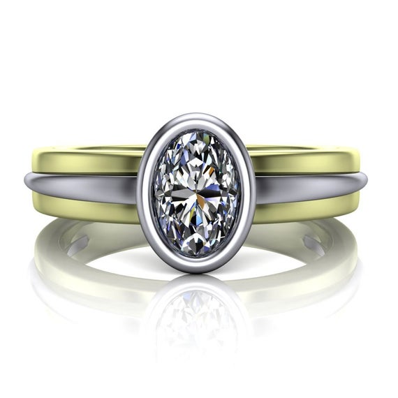 Simple Diamond Engagement Ring | Green Gold Mixed Metal Bezel Set Oval | Us Custom Made