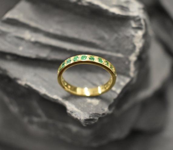 Gold Emerald Band, Emerald Ring, Natural Emerald, May Birthstone, Full Eternity Ring, Vinatage Ring, Gold Eternity Ring, Solid Silver Ring