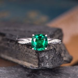 Lab Emerald Engagement Ring White Gold Cushion Cut Solitaire Ring Diamond Infinity Band Birthstone May Bridal Women Promise Anniversary | Natural genuine Gemstone rings, simple unique alternative gemstone engagement rings. #rings #jewelry #bridal #wedding #jewelryaccessories #engagementrings #weddingideas #affiliate #ad