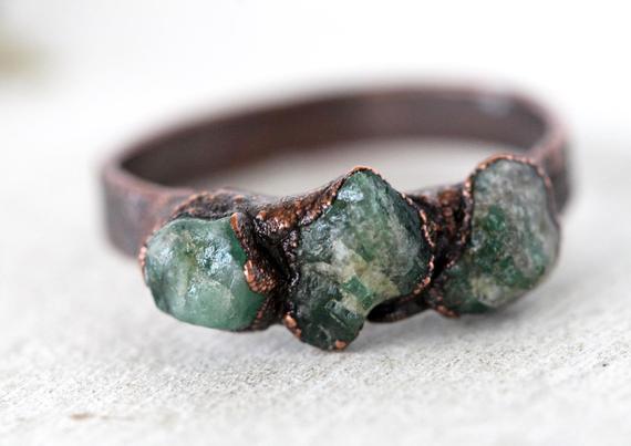Raw Emerald Ring - Triple Stone Ring - Unisex Jewelry
