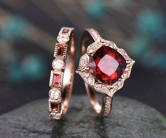 2pc Red Garnet Engagement Ring 14k Rose Gold Garnet Ring Gold Antique Diamond Halo Ring Garnet Matching Band January Birthstone Wedding Ring