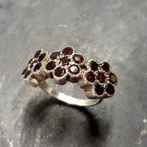 Shop Garnet Engagement Rings! Flower Band, Natural Garnet Ring, Vintage Ring, Red Flower Ring, Garnet Band, Wide Band, Red Flower Band, Three Flowers, Solid Silver Ring | Natural genuine Garnet rings, simple unique handcrafted gemstone rings. #rings #jewelry #shopping #gift #handmade #fashion #style #affiliate #ad