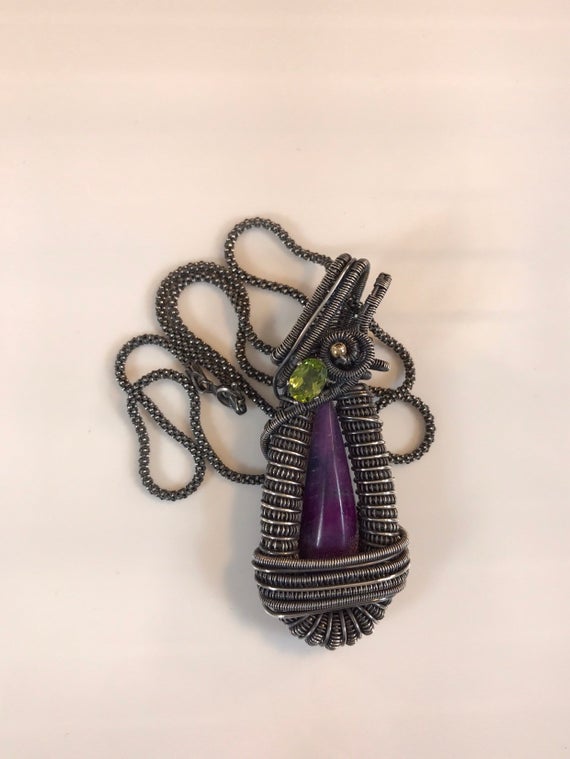Heady Wire Wrapped Sugilite Pendant In Sterling Silver With Peridot And Gold Fill Bead, Handmade Pendant