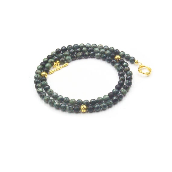 Men's Necklace, Dark Green Jade And 22k Gold Plated Beads Necklace, Bead Necklace, Men's Jade Necklace, Beades Necklace Man