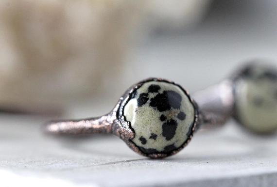 Dalmatian Jasper Ring  - Raw Black Onyx - Gold Vermeil Jewelry