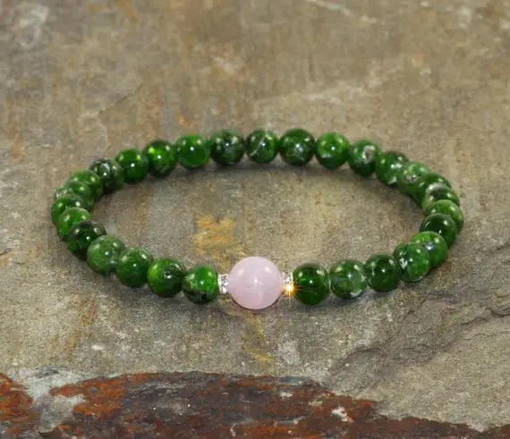 Chrome Diopside & Kunzite Beaded Bracelet Gemstone Bracelet Wrist Mala Beads Green Bracelet Diopside Jewelry Yoga Bracelet Healing Crystals