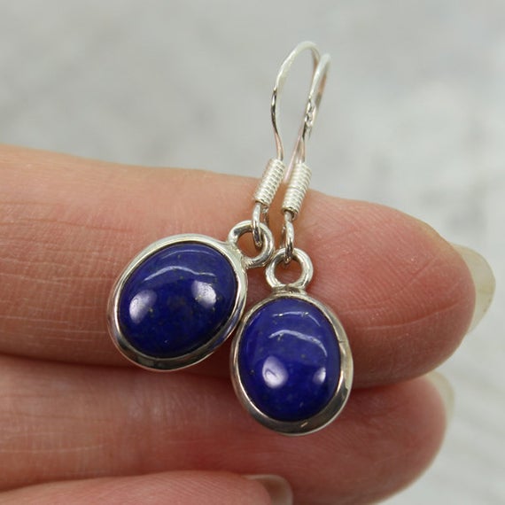 Tiny Lapis Stone Cab Earrings Small Sterling Silver 925 Natural Lapis Stone Earrings Oval Shape Great Quality Silver Jewelry