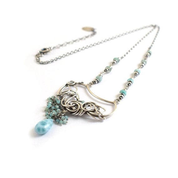 Blue Larimar Necklace, Wire Wrapped Sterling Silver Jewelry, Asymmetric Necklace
