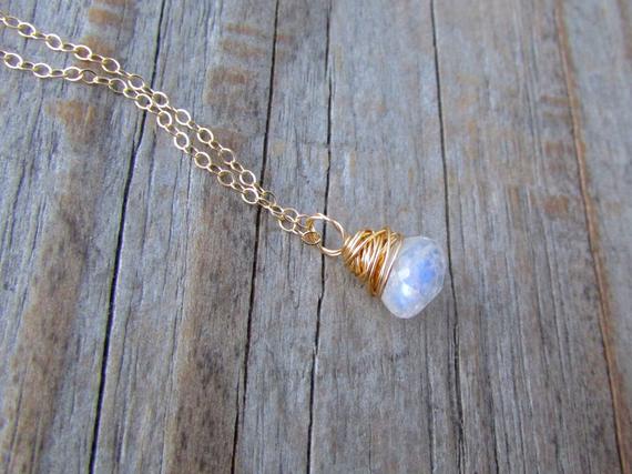 Rainbow Moonstone Necklace, Gold, Wire Wrapped, Moonstone Pendant, Faceted, Petite Moonstone Pendant