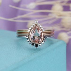 Vintage Morganite engagement ring Rose gold Black diamond Wedding band White gold Curved Pear cut Unique Bridal set Anniversary Promise ring | Natural genuine Array rings, simple unique alternative gemstone engagement rings. #rings #jewelry #bridal #wedding #jewelryaccessories #engagementrings #weddingideas #affiliate #ad