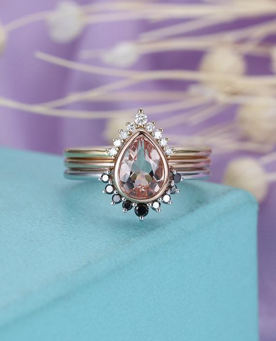 Vintage Morganite Engagement Ring Rose Gold Black Diamond Wedding Band White Gold Curved Pear Cut Unique Bridal Set Anniversary Promise Ring
