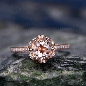 Shop Morganite Jewelry! 7mm morganite engagement ring solid 14k rose gold ring Real diamond halo ring art deco unique antique floral bridal wedding promise ring | Natural genuine Morganite jewelry. Buy handcrafted artisan wedding jewelry.  Unique handmade bridal jewelry gift ideas. #jewelry #beadedjewelry #gift #crystaljewelry #shopping #handmadejewelry #wedding #bridal #jewelry #affiliate #ad