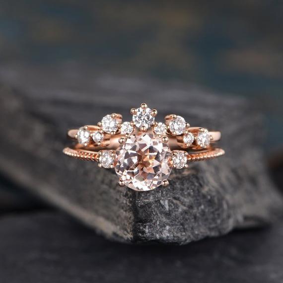 Morganite Engagement Ring Set Rose Gold Morganite Bridal Sets Three Stone Cluster Diamond Wedding Ring Half Eternity Anniversary Ring Gift