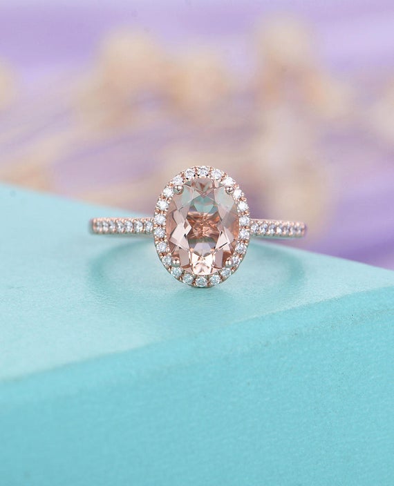 Morganite Engagement Ring Rose Gold Vintage Oval Cut Halo Diamond Wedding Antique Art Deco Half Eternity Anniversary Promise Ring