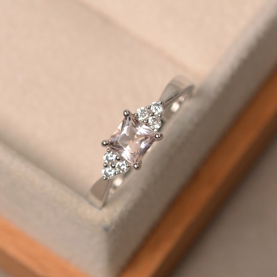 Princess Cut Morganite Ring, Silver, Pink Morgnaite, Engagement Ring