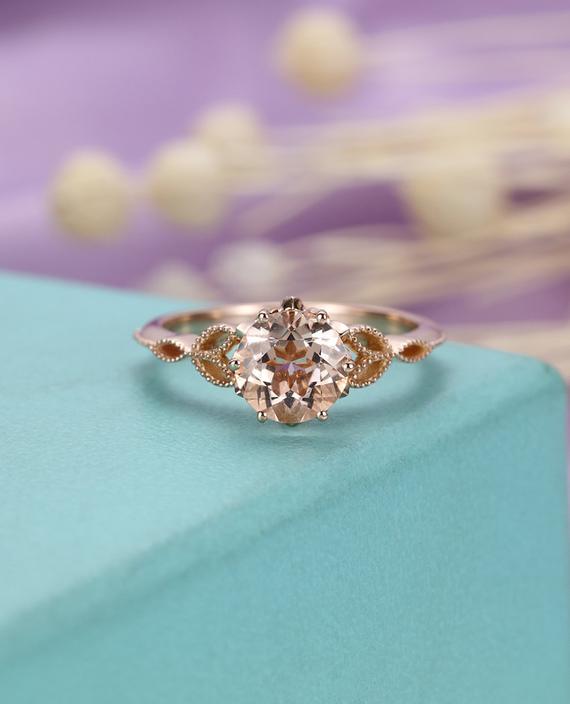 Morganite Ring Unique Vintage Engagement Ring Rose Gold Antique Art Deco Prong Set Diamond Wedding Flower Bridal Anniversary Promise Ring