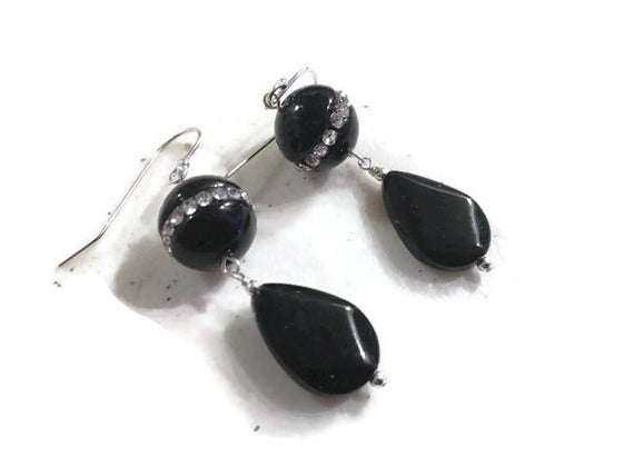 Black Earrings - Onyx Gemstone Jewellery - Sterling Silver Jewelry - Czs - Dangle - Pierced - Handmade - Gift - Carmal - Tear Drop