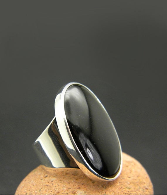 Large Black Onyx Ring, Sterling Silver, Huge Oval Black Stone, Statement Ring, Cocktail Ring, Boho Black Jewelry, Black Stone Ring,