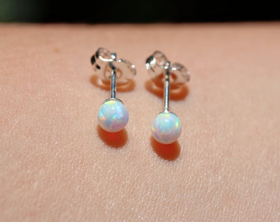 Opal Earrings - Opal Ball Earrings - Opal Stud - Opal Ball Studs - Fire Opal - A Set Of White Fire Opal Balls Set Onto Sterling Silver Posts