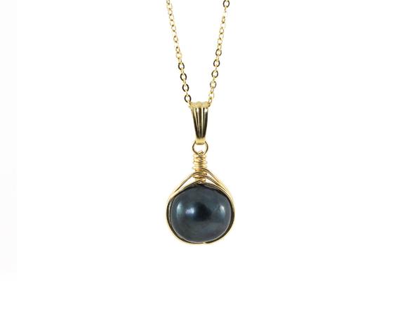Black Pearl Necklace, Gold Filled Wire Wrapped Pendant, Pearl Herringbone Necklace, Black Freshwater Pearl, Birthstone Gift