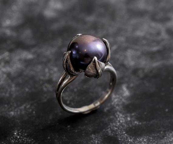 Black Pearl Ring, Genuine Pearl, Pearl Promise Ring, Vintage Rings, Pearl Ring, Vintage Pearl Ring, June Birthstone, Solid Silver Ring