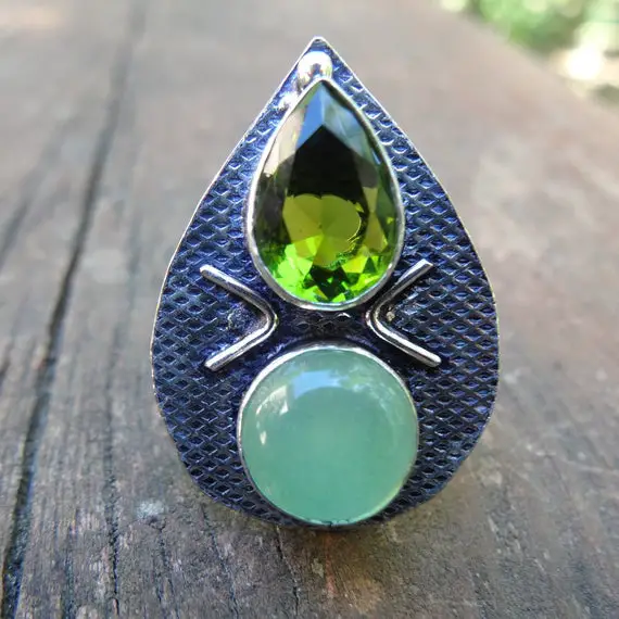 Natural Peridot & Chalcedony Sterling Silver Ring Size 8 9 - Natural Peridot Ring Size 8 9 - Handmade Peridot Ring  Chalcedony Ring Size 8 9