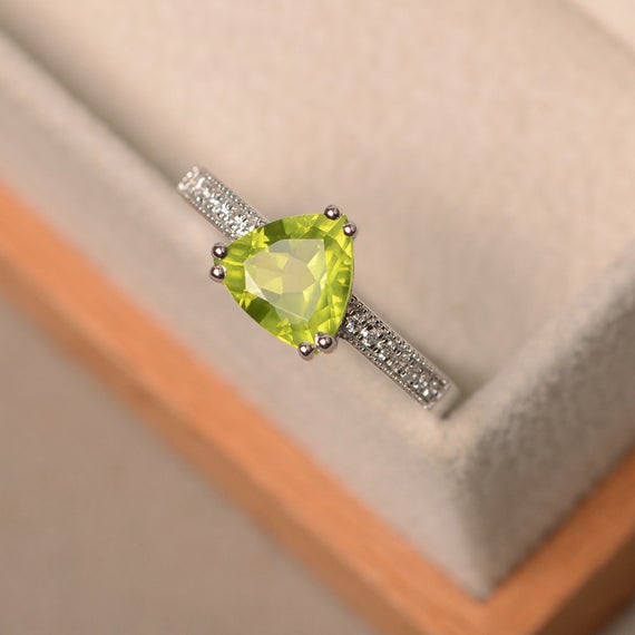 Natural Peridot Ring, Wedding Ring, Trillion Cut Green Gemstone, August Birthstone, Sterling Silver Ring