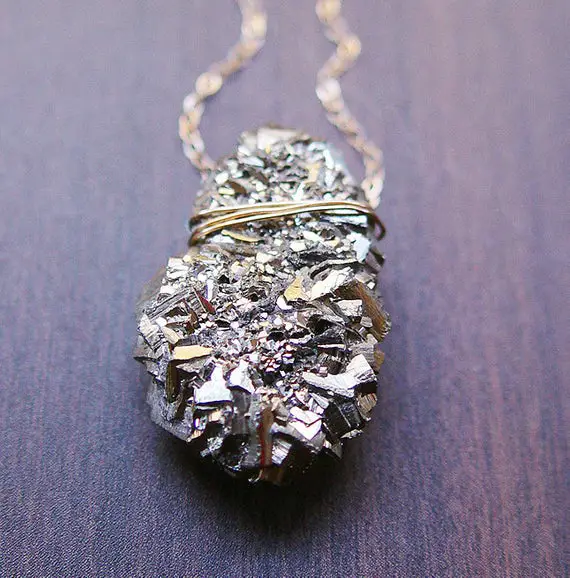 Pyrite Crystal Gold Necklace. Raw Pyrite Statement Necklace