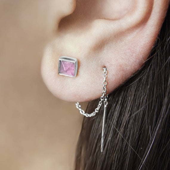 Sterling Silver Rose Quartz Threader Earrings, Silver Gemstone Earrings, Natural Rose Quartz Threaders, 925 Silver Ear Threads, Emberjewelry