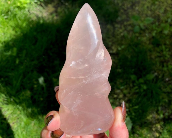 4.6" Star Rose Quartz Flame #3 Crystal Spiral With Asterism, Pink Polished Self Standing Witchy Gemstone Home Decor, Birthday Gift For Libra