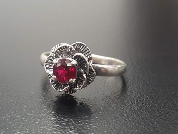 Flower Ruby Ring, Created Ruby, Red Ruby Ring, Silver Flower Ring, Red Vintage Ring, Solitaire Ring, Red Rose Ring, 925 Sterling Silver Ring